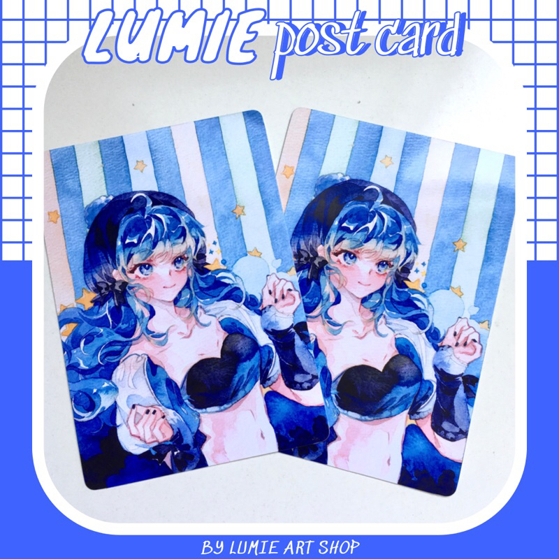 Post card thiệp trang trí, quà lưu niệm nhân vật bằng màu nước xanh và đỏ