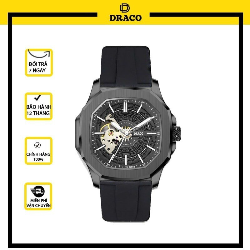 Đồng hồ nam Draco D23-DS68 “DongSon” Automatic full đen kết hợp chất liệu dây cao su non cao cấp màu đen-thời trang nam