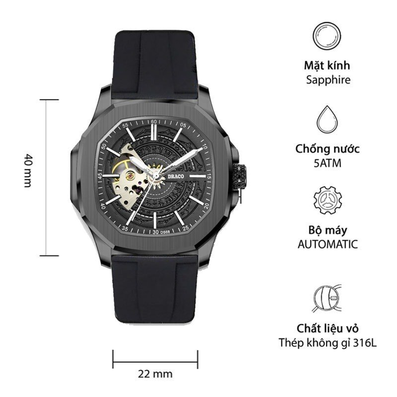 Đồng hồ nam Draco D23-DS68 “DongSon” Automatic full đen kết hợp chất liệu dây cao su non cao cấp màu đen-thời trang nam