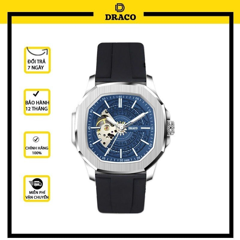 Đồng hồ nam Draco D23-DS68 “DongSon” Automatic trắng xanh kết hợp chất liệu dây cao su non cao cấp màu đen-thời trangnam