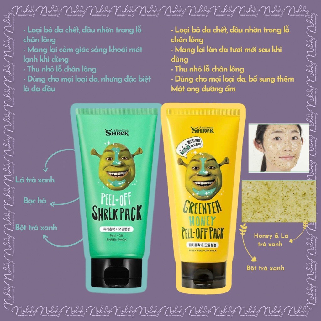 Mặt Nạ Đất Sét Bạc Hà Shrek Pack I’m The Real & Mặt Nạ Lột Mụn Đầu Đen Shrek Park Peel Off