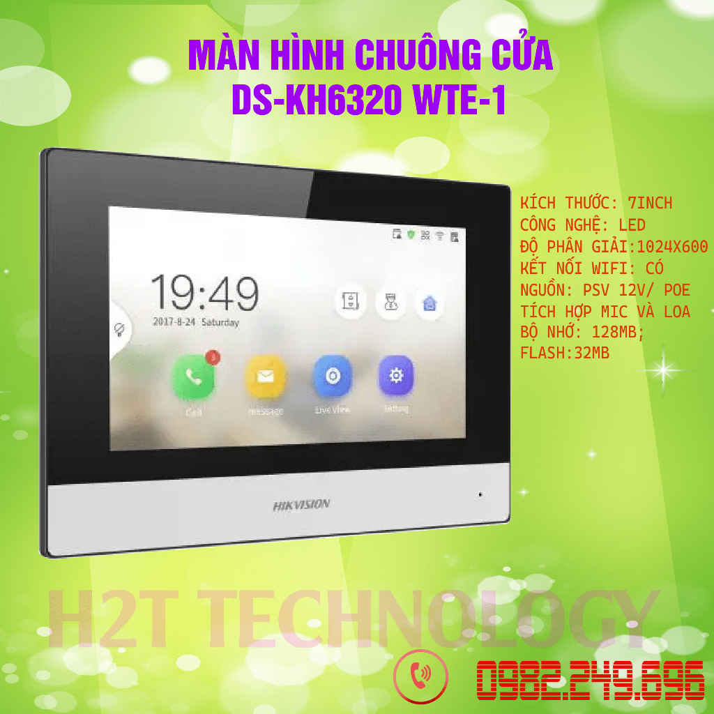 Màn hình chuông cửa 7 inch Hikvision DS-KH6320-WTE1, Led, kết nối WiFi, tích hợp Mic và loa, thẻ nhớ 128MB