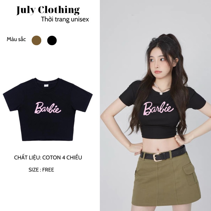 Áo croptop nữ tay ngắn cổ tròn vải thun cotton phong cách Hàn Quốc freesize in chữ babie July Clothing 004