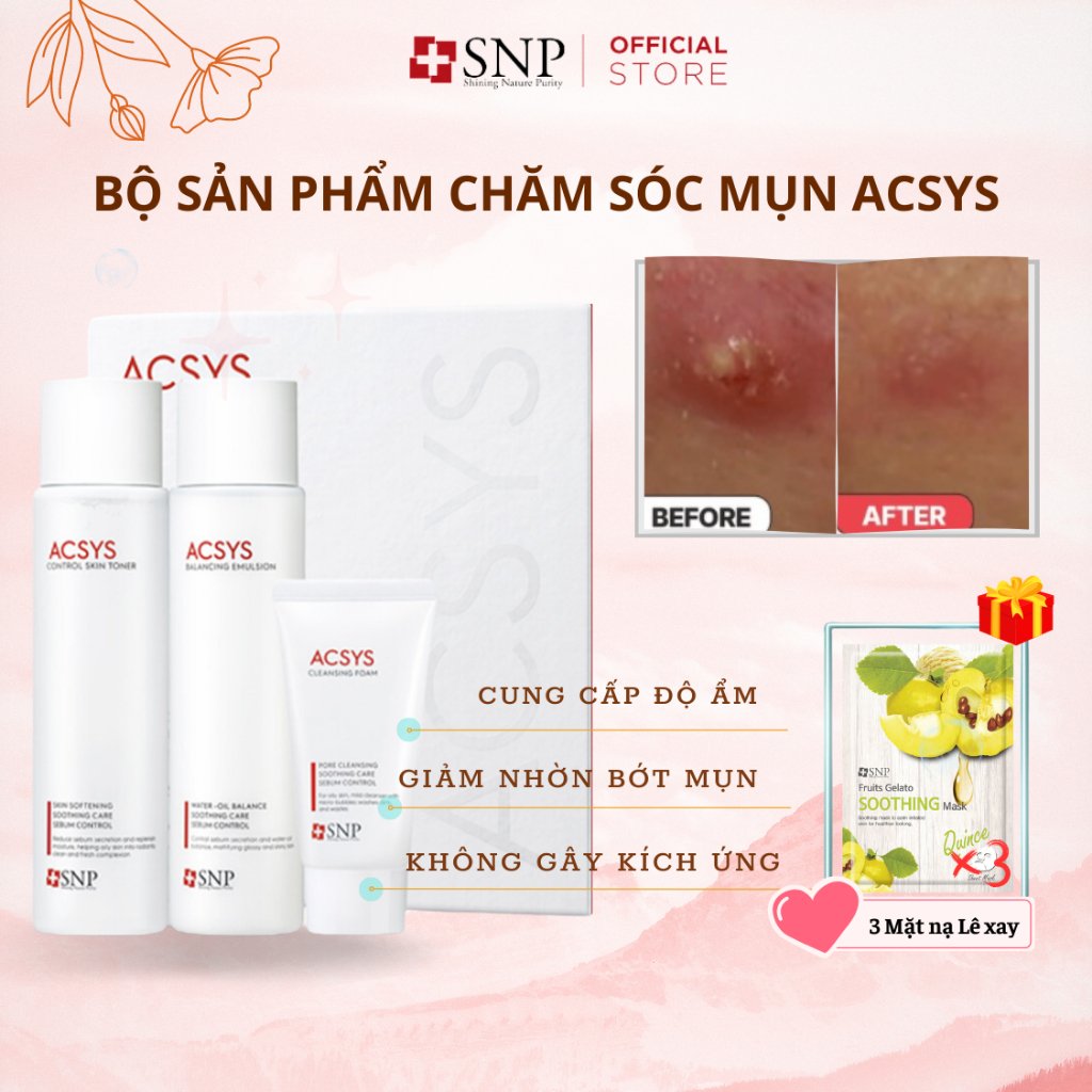 Bộ Sản Phẩm Chăm Sóc Da Mụn Da Dầu Nhờn SNP Acsys 2 Set Skin & Lotion Tặng Kèm Mặt Nạ Dưỡng Trắng Lê Xay