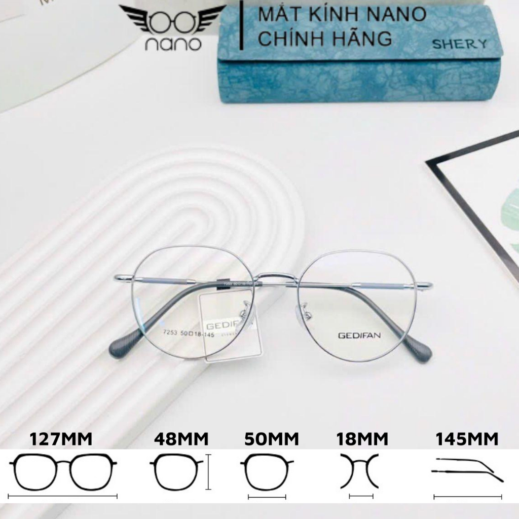 Gọng kính cận nữ, kim loại vuông góc cạnh NANO 7253 GEDIFAN chất liệu kim loại, lăp mắt 0 độ,có độ chống ánh sáng xanh