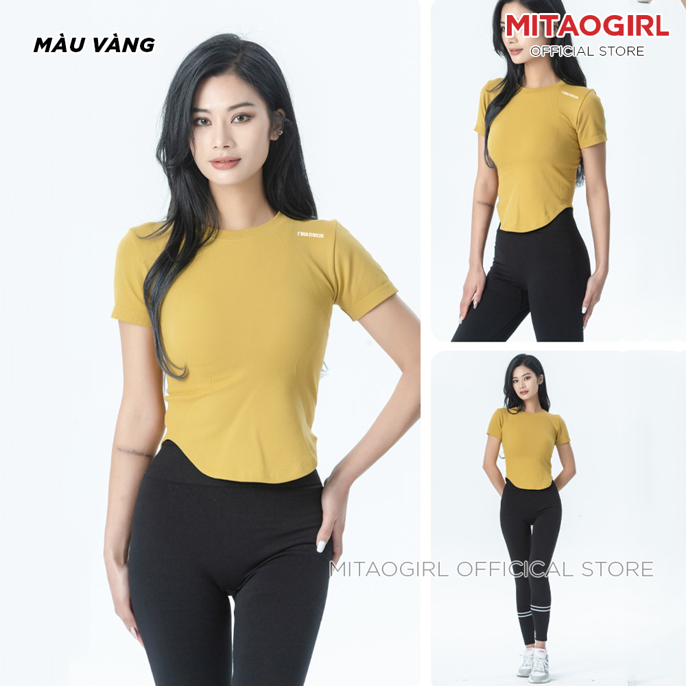 Áo ngắn tay tập gym yoga nữ MITAOGIRL dáng croptop vạt bầu chất dệt cao cấp co giãn thấm hút tốt.