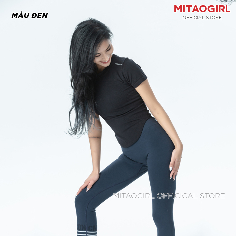 Áo ngắn tay tập gym yoga nữ MITAOGIRL dáng croptop vạt bầu chất dệt cao cấp co giãn thấm hút tốt.