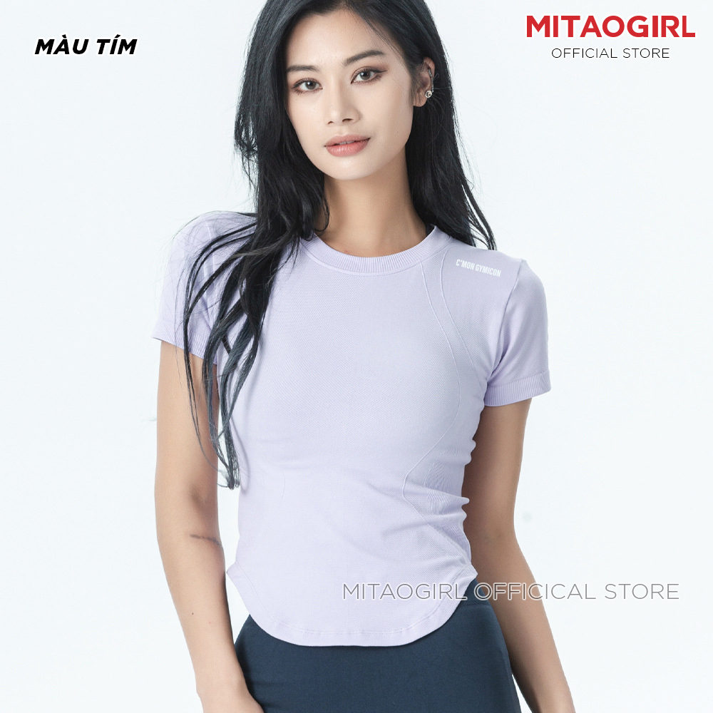 Áo ngắn tay tập gym yoga nữ MITAOGIRL dáng croptop vạt bầu chất dệt cao cấp co giãn thấm hút tốt.