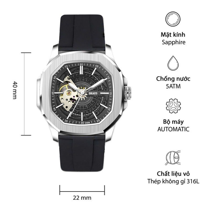 Đồng hồ nam Draco D23-DS68 “DongSon” Automatic trắng đen kết hợp chất liệu dây thép không gỉ màu bạc-thời trang nam