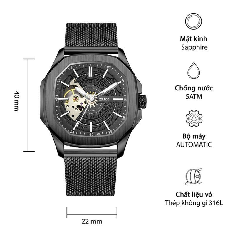 Đồng hồ nam Draco D23-DS68 “DongSon” Automatic full đen kết hợp chất liệu dây thép không gỉ màu đen-thời trang nam