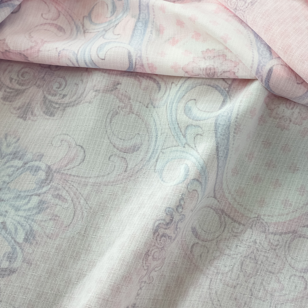 Đầm tay dài cổ chân họa tiết retro màu hồng dáng A kèm đai thắt eo