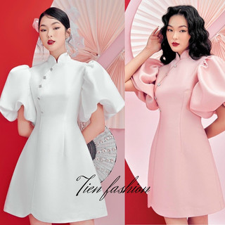 Đầm váy sườn xám dáng xòe cách tân tay phồng, đầm váy nữ cổ tàu tay phồng với 2 tone nhẹ nhàng T263 - yado