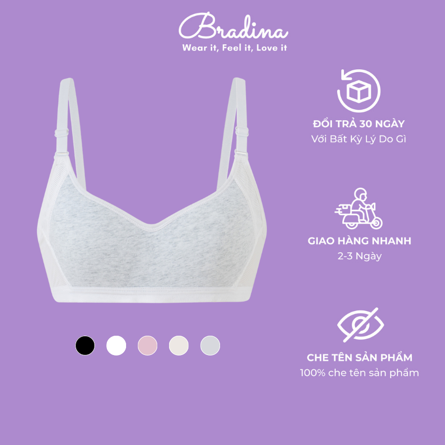 Áo lót không gọng đệm mỏng Bradina Cotton Basic, phối lưới thoáng khí cho nữ ALKG5
