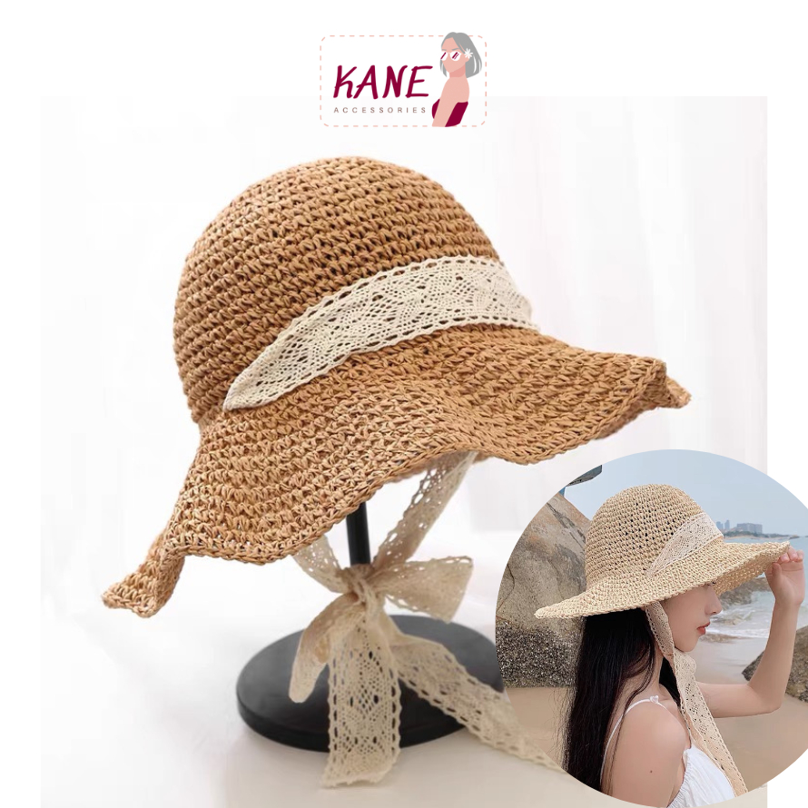 Nón cói mềm đi biển Kane Accessories, mũ cói vành rộng phối nơ ren dài gấp gọn xinh xắn tiện lợi