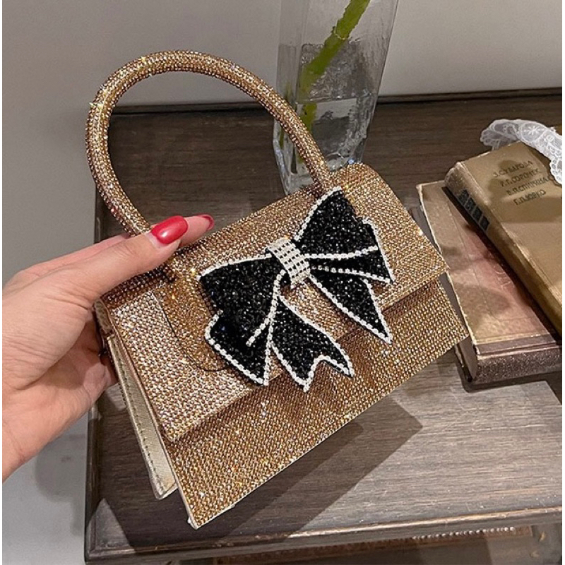 ORDER 🎀 Túi xách đính đá bling nơ đen quai cầm tay dây xích đeo vai