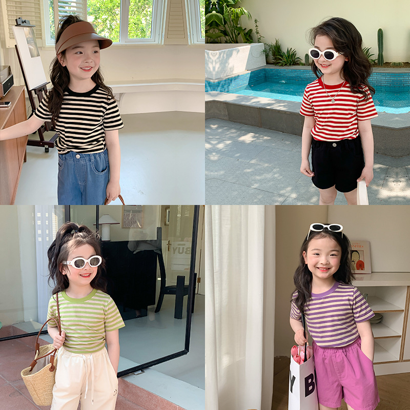 Áo thun kẻ ngang cộc tay cổ tròn nhiều mày AMBB KIDS cho bé gái phong cách Hàn Quốc siêu mát cho mùa hè