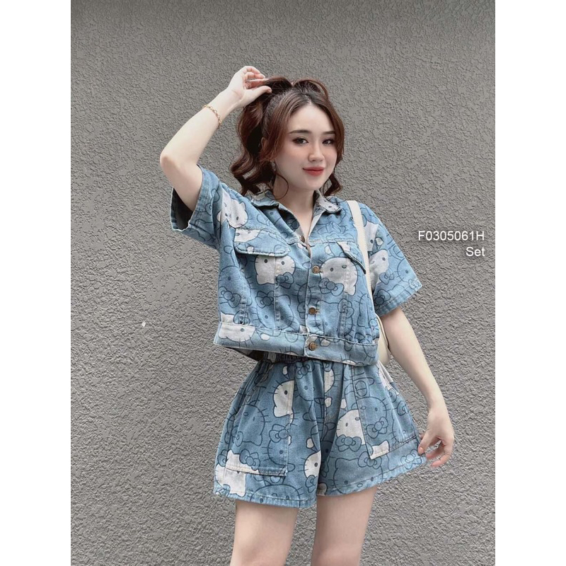 Set jean hoạ tiết gấu áo hai nắp túi kèm quần [ Kèm hình thật]