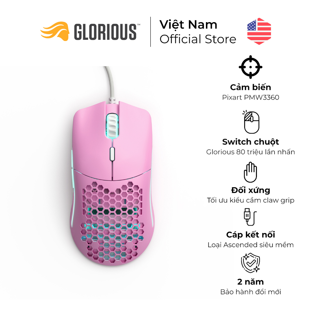 Chuột siêu nhẹ Glorious Model O | Matte Pink  form đối xứng - Hàng Chính Hãng