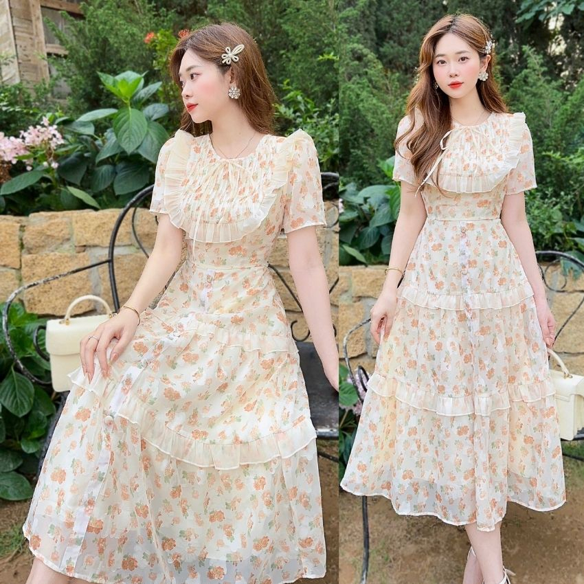 Váy hoa thiết kế xếp ly phần cổ tạo điểm nhấn - XU XU SHOP - Đầm hoa voan tơ cao cấp dáng tiểu thư sang chảnh - ẢNH THẬT