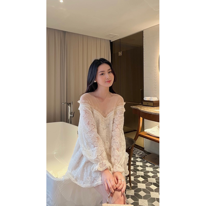 Fleur Set Herchic áo ren be ivory x quần váy ren dập ly