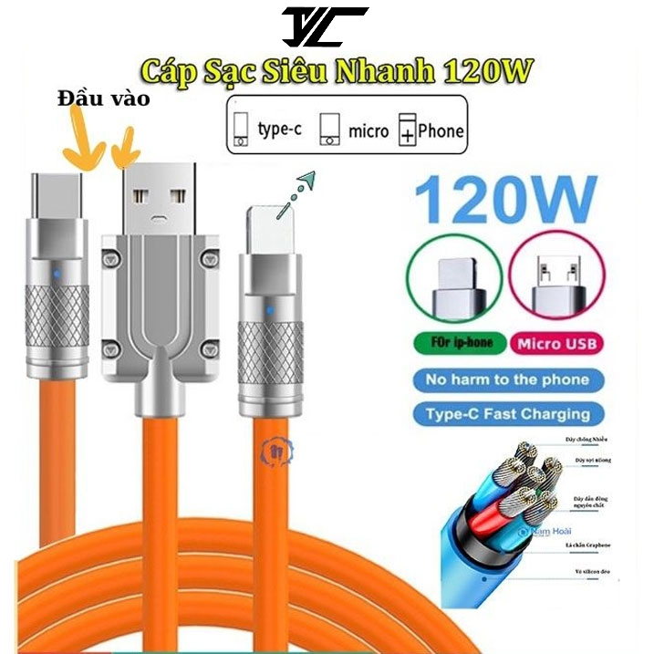 Cáp sạc nhanh ip/type-C/Micro 120W 6A hợp kim kẽm và silicon với 2 loại USB và Type C