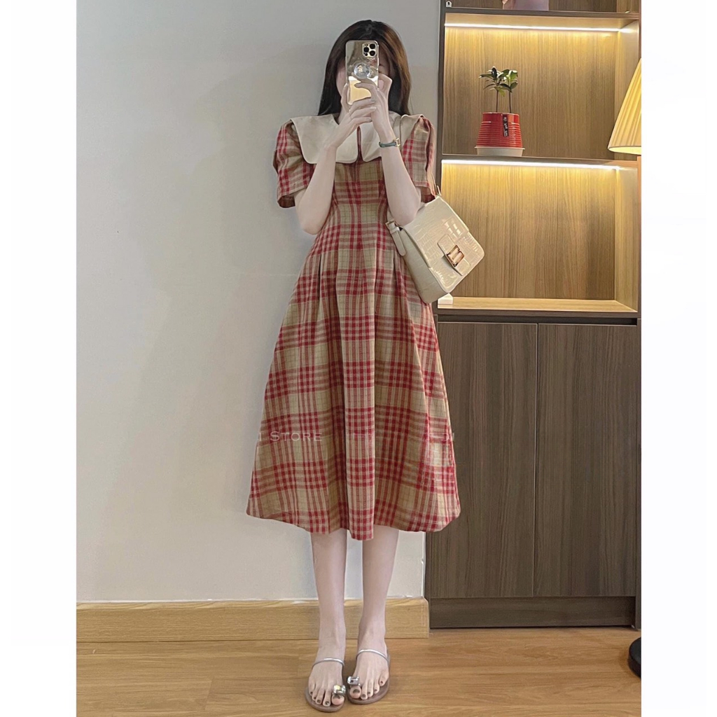 Váy kẻ caro dáng dài cổ vuông, đầm maxi đi biển chiết eo thiết kế tiểu thư thanh lịch - 5F Fashion