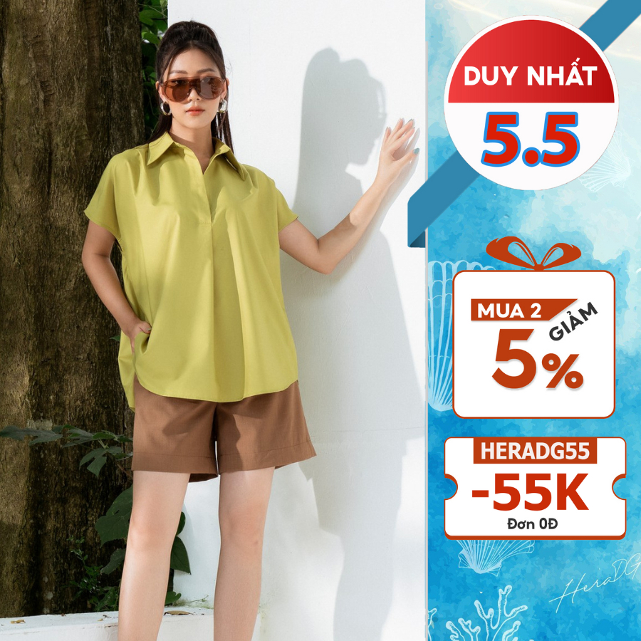 Áo kiểu thiết kế cổ đức vai chờm sắc màu HeraDG form rộng trẻ trung chất liệu Thô Poplin cao cấp SAKBC3021
