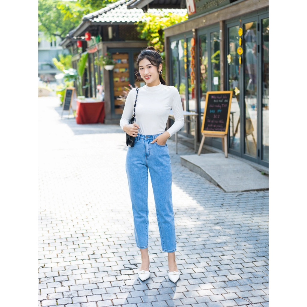 Quần jeans nữ YODY dáng boy, quần bò ống đứng cạp cao co giãn tốt mềm mại - QJN5058