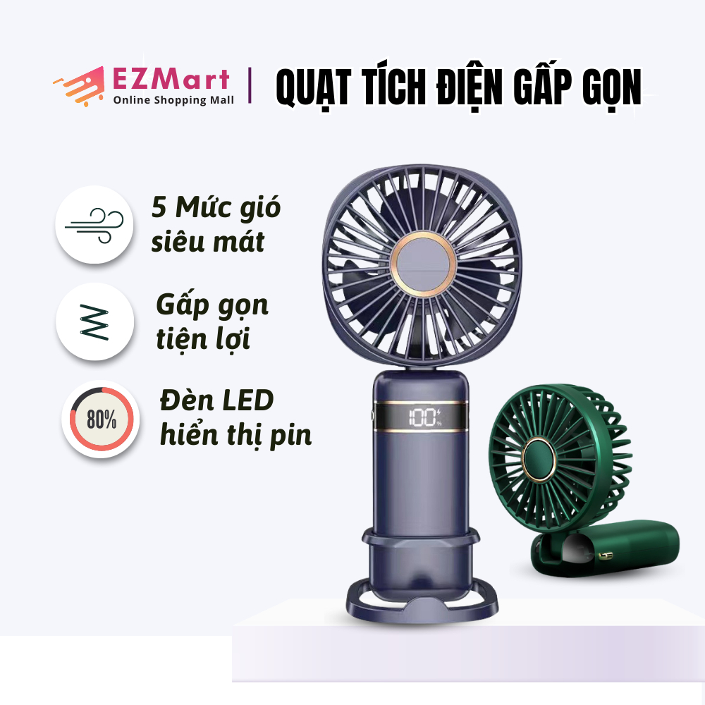 Quạt mini cầm tay tích điện gấp gọn 5 tốc độ gió, xoay 90 độ, đèn LED hiển thị có dây đeo cổ pin 10000mAh kèm sạc nhanh