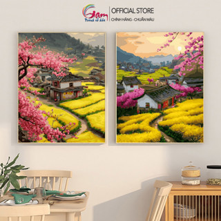  Tranh Tô Màu Theo Số Phong Cảnh Ruộng Lúa Chín Vàng Hoa Đào GAM Mẫu Mới Nâng Cấp Lọ Màu 5ml 