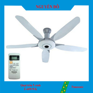 Quạt trần Panasonic 5 cánh F-60WWK,có remote điều khiển từ xa, động cơ DC, 3 cấp an toàn, cánh 3D, 9 cấp độ gió