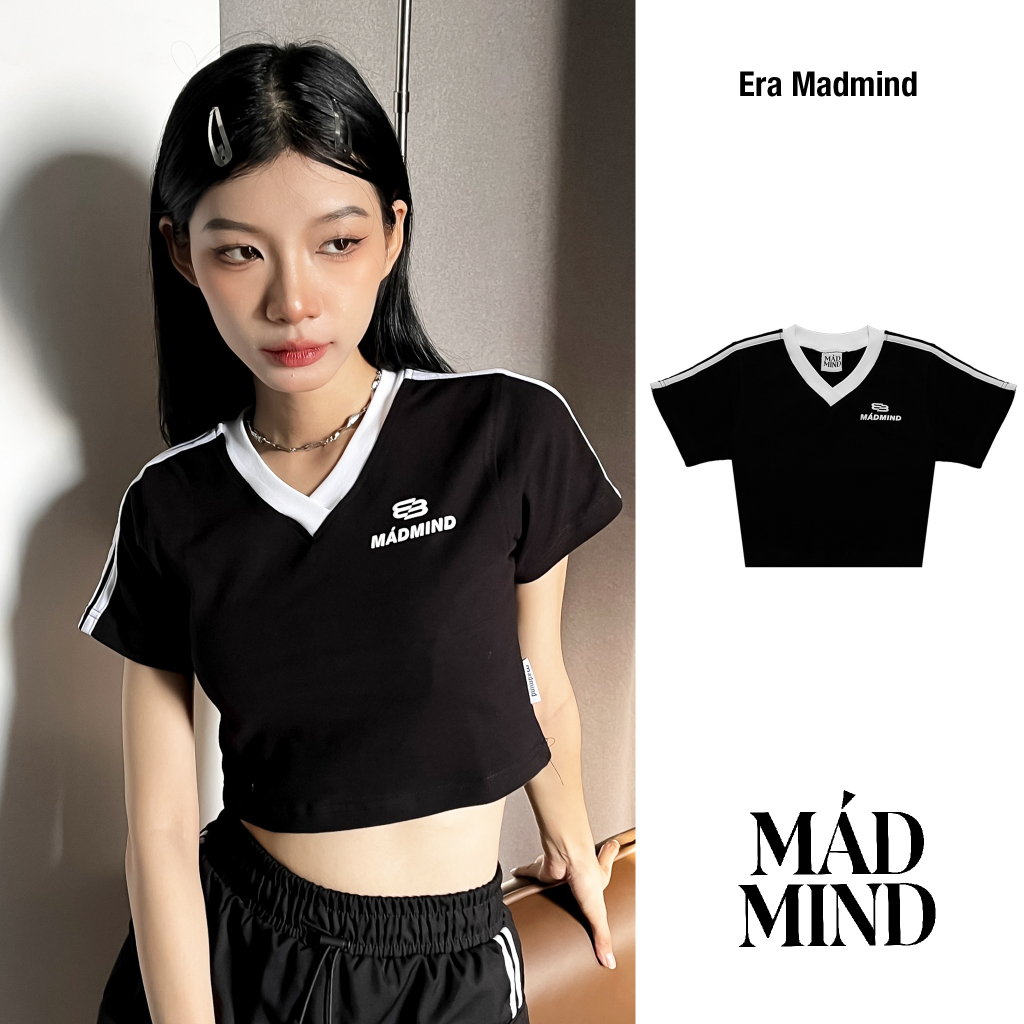 MADMIND® Chính Hãng - Áo Thun Croptop Cổ Tim Phối 2 Sọc Sang Chảnh,100% Cotton, Tay Ngắn Era V-neck Madmind-Form Ôm Body