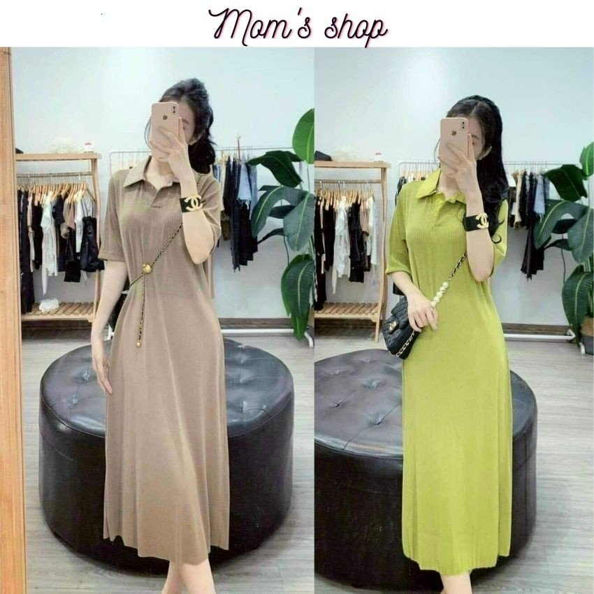 Váy bầu dáng suông cổ sơ mi chất thun tăm co giãn tốt - Mom's Shop - Đầm bầu oversize dưới 75kg nhiều màu mặc đi làm