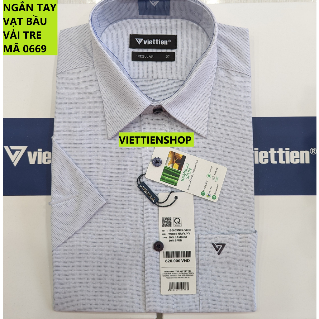 (0669 HVS) ÁO SƠ MI VIỆT TIẾN NGẮN TAY VẢI TRE HOA VẮN