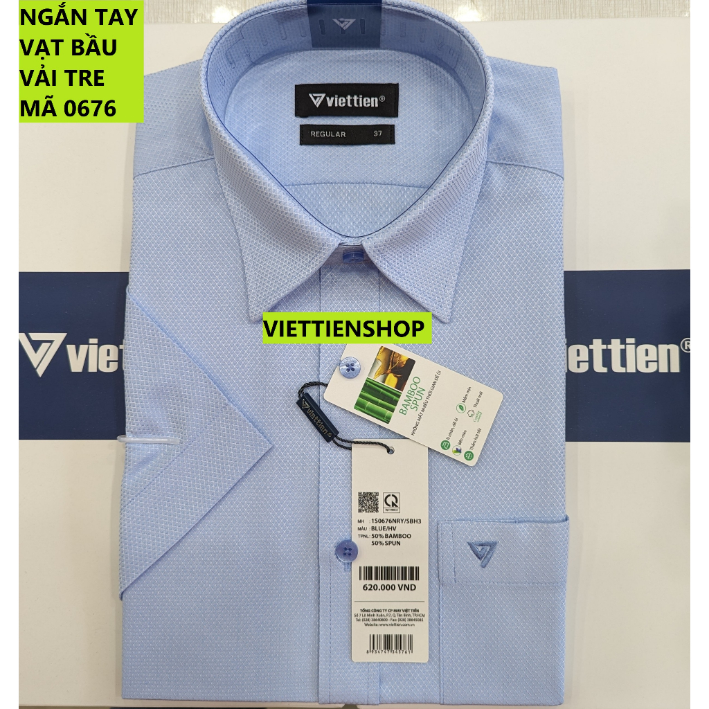 (0676 HVS) ÁO SƠ MI VIỆT TIẾN NGẮN TAY VẢI TRE HOA VẮN