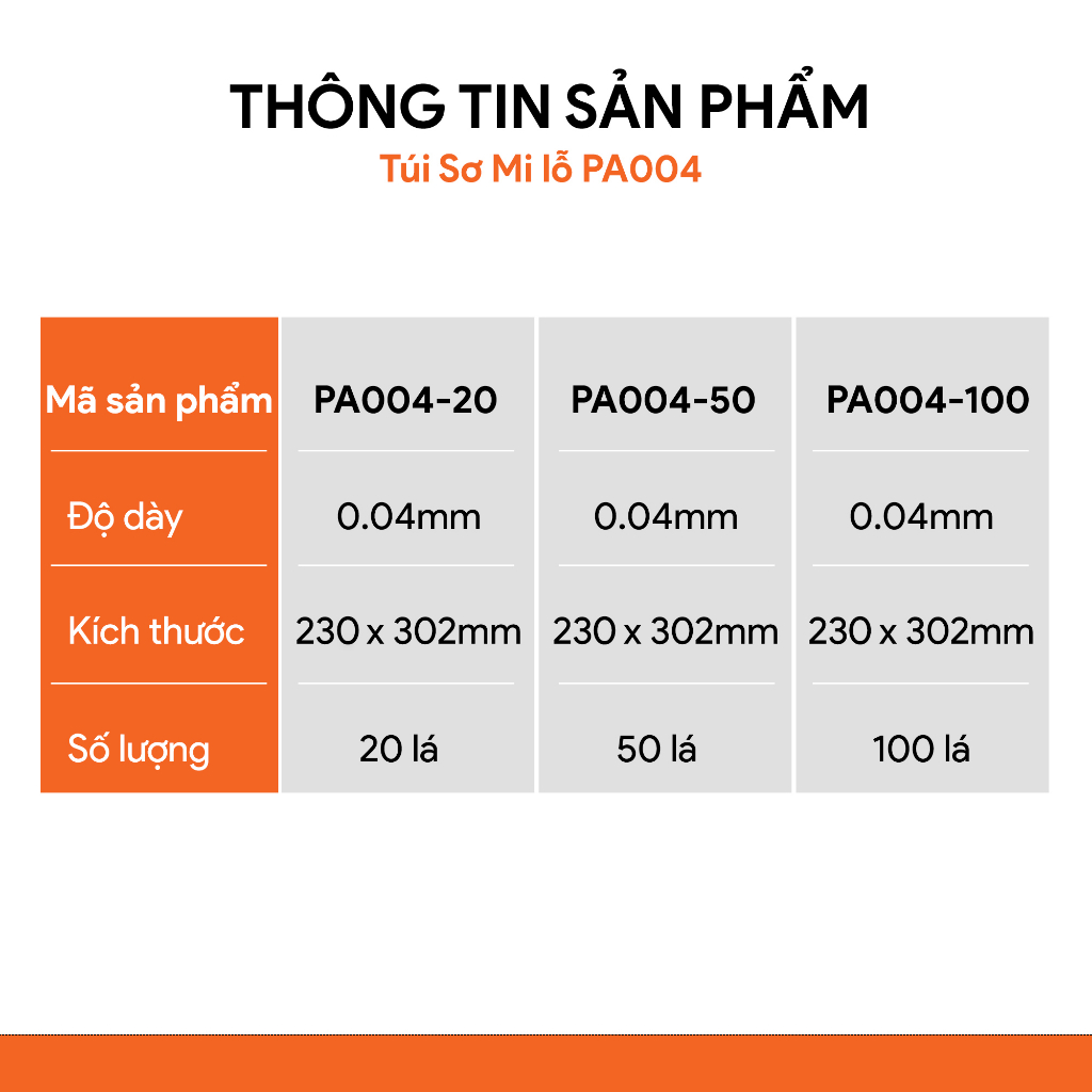 Bìa Lỗ A4, Túi Sơ Mi Lỗ AO+ dày 0.04 mm đựng tài liệu văn phòng dùng với bìa còng  PA004
