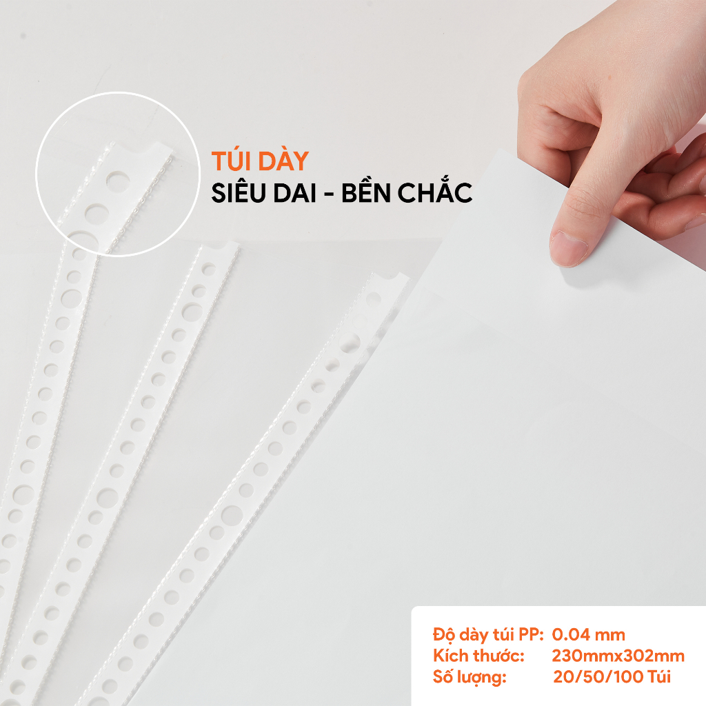 Bìa Lỗ A4, Túi Sơ Mi Lỗ AO+ dày 0.04 mm đựng tài liệu văn phòng dùng với bìa còng  PA004