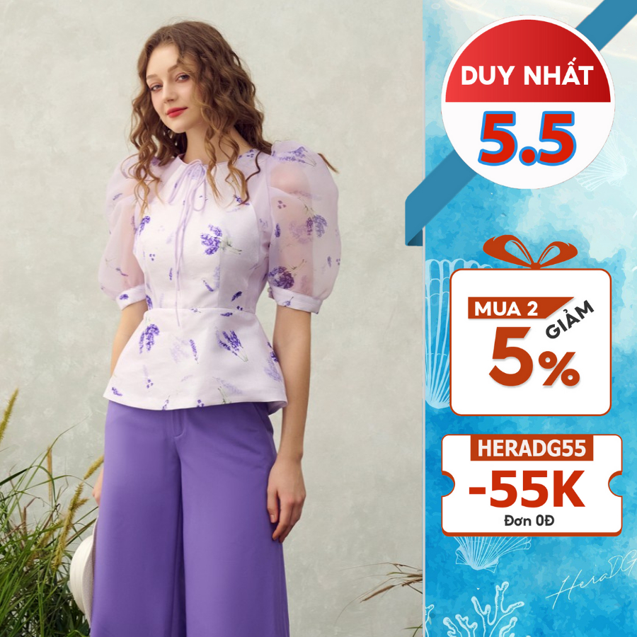 Áo cổ tròn peplum tay bồng HeraDG thiết kế cổ trang tí nơ chất liệu Tơ phối Tafta cao cấp họa tiết độc quyền SAKBC6005