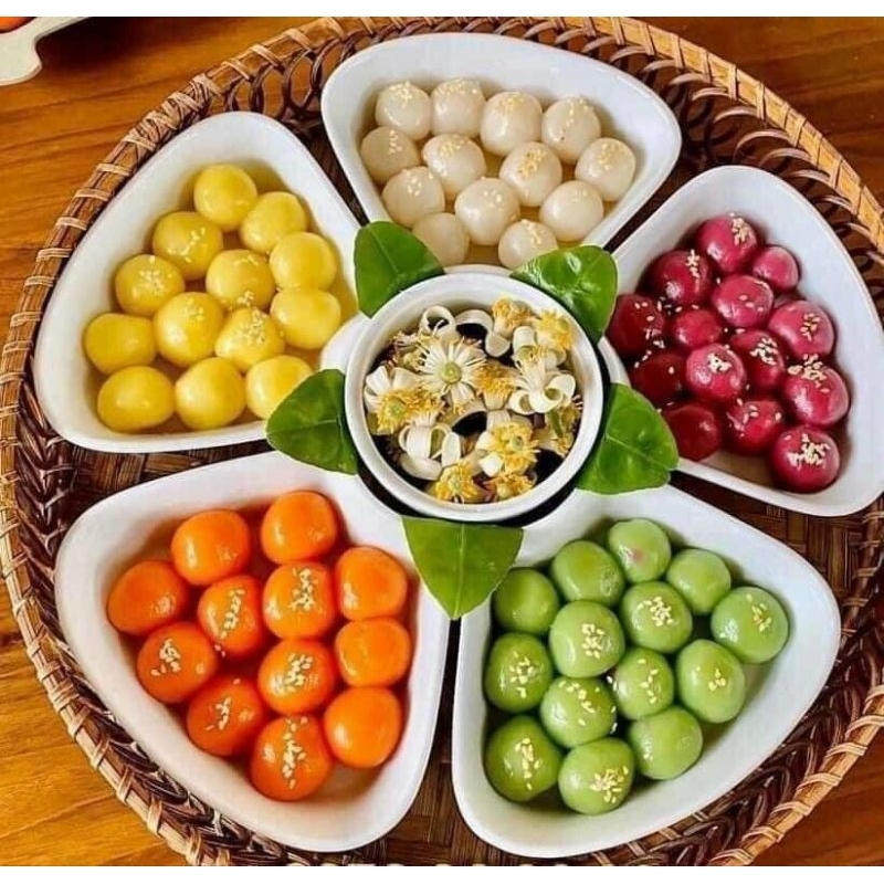 Bộ Đĩa 5 Cánh Hoa Đào Sứ Bát Tràng Kèm Khay Mây Siêu Đẹp 33cm