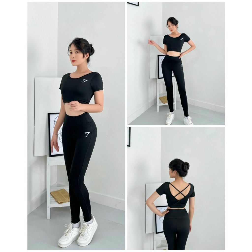 Bộ Tập Gym Yoga Erobic Nữ Dài Tay, Set Áo Cộc Dây Chéo Hở Lưng Phối Quần Dài, Siêu Háck Dáng D16/BH01-Chất Vải Co Giãn