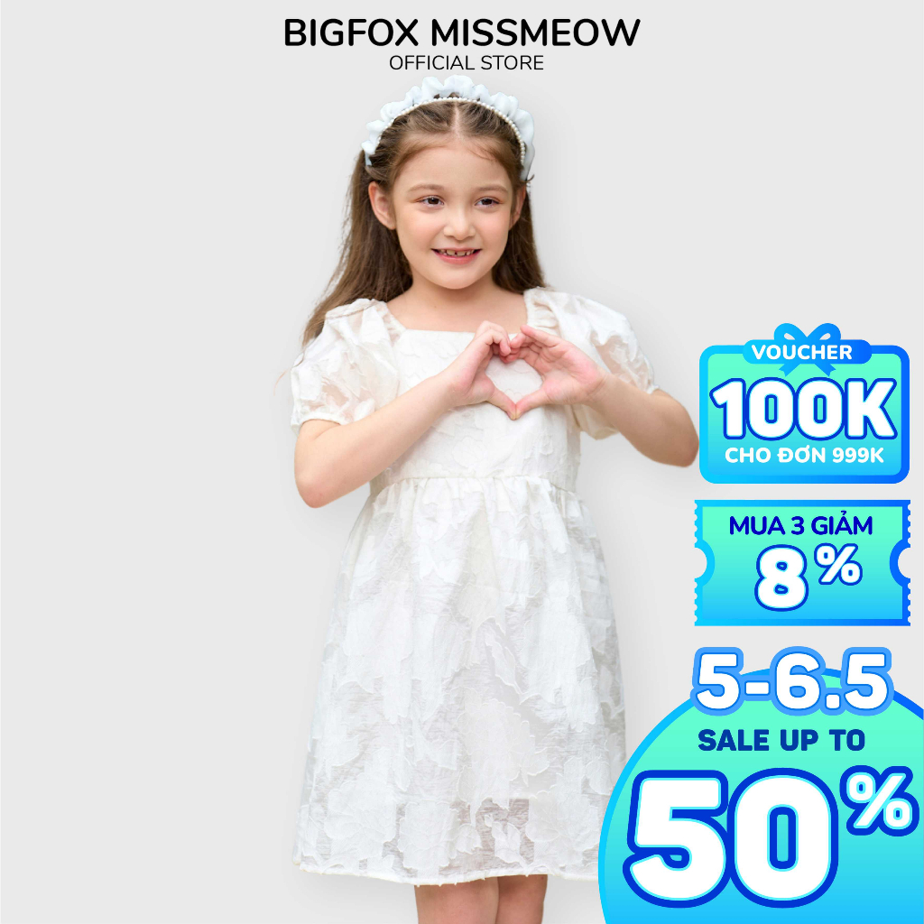 Váy công chúa Bigfox Miss Meow size đại màu trắng dự tiệc, đầm bé gái hai lớp tay bồng vải organda 3,7,9,11 tuổi 30kg