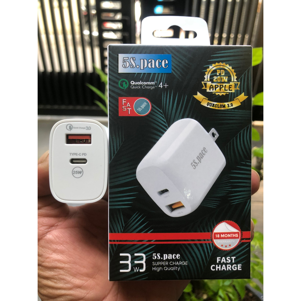 CỦ SẠC NHANH CHÍNH HÃNG 5S.PACE 33W 2 CỔNG SẠC (USB 18W + TYPEC PD 20W)