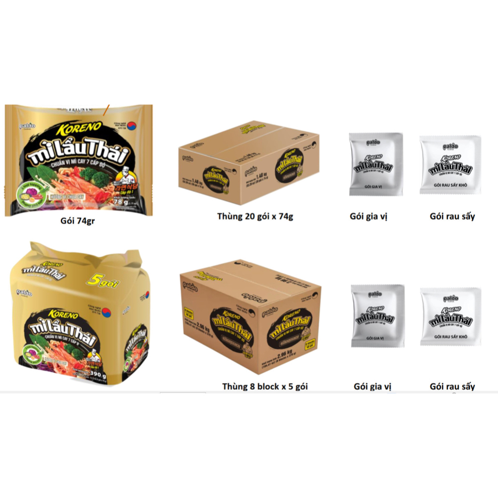Thùng 20 gói mì lẩu thái Koreno chuẩn vị mì cay 7 cấp độ