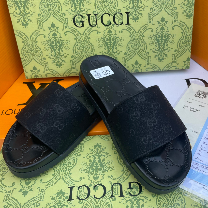Dép quai ngang thời trang nam nữ GU..CCI (full BoX) màu den, bản đẹp xịn siêu nét , Full size 38/42