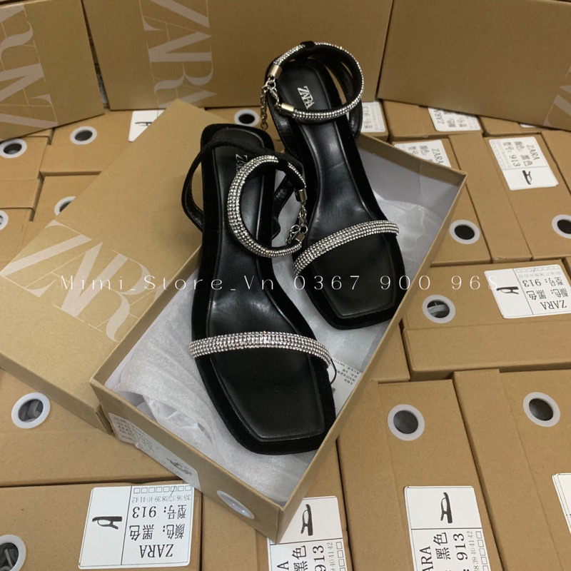 Sandal cao gót nữ quai ngang đá trắng bling ZR xuất dư MS-006