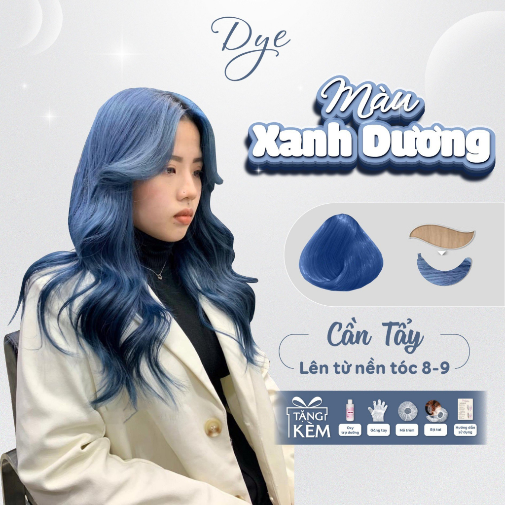 Thuốc nhuộm tóc, thuốc nhuộm tóc màu Xanh Dương Khói, DYE HAIR, tặng kèm oxy trợ dưỡng và bao tay