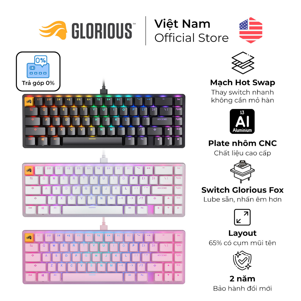 Bàn phím cơ custom Glorious GMMK 2 RGB 65% Pre-Built - Hàng Chính Hãng