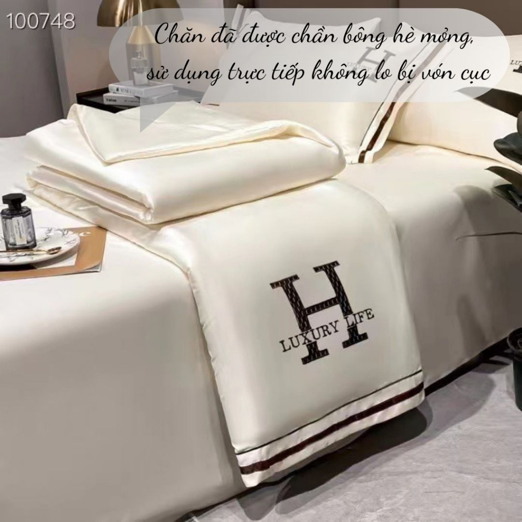 Bộ chăn ga gối Phi Lụa Chữ H chăn chần bông M2T BEDDING LUXURY hàng cao cấp - Chăn kèm ruột