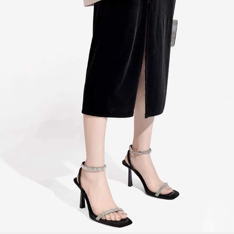 Sandal cao gót nữ quai ngang đá trắng bling ZR xuất dư MS-006