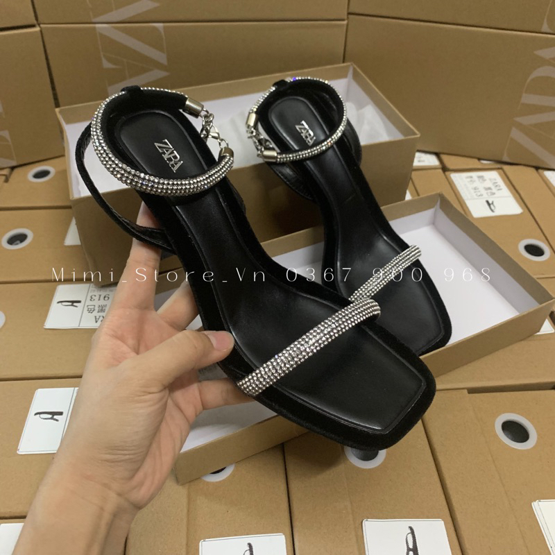 Sandal cao gót nữ quai ngang đá trắng bling ZR xuất dư MS-006